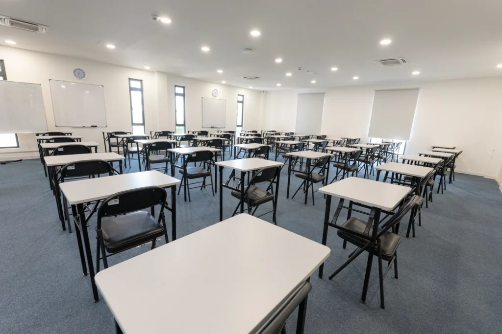 The examination hall laid out with individual desks.