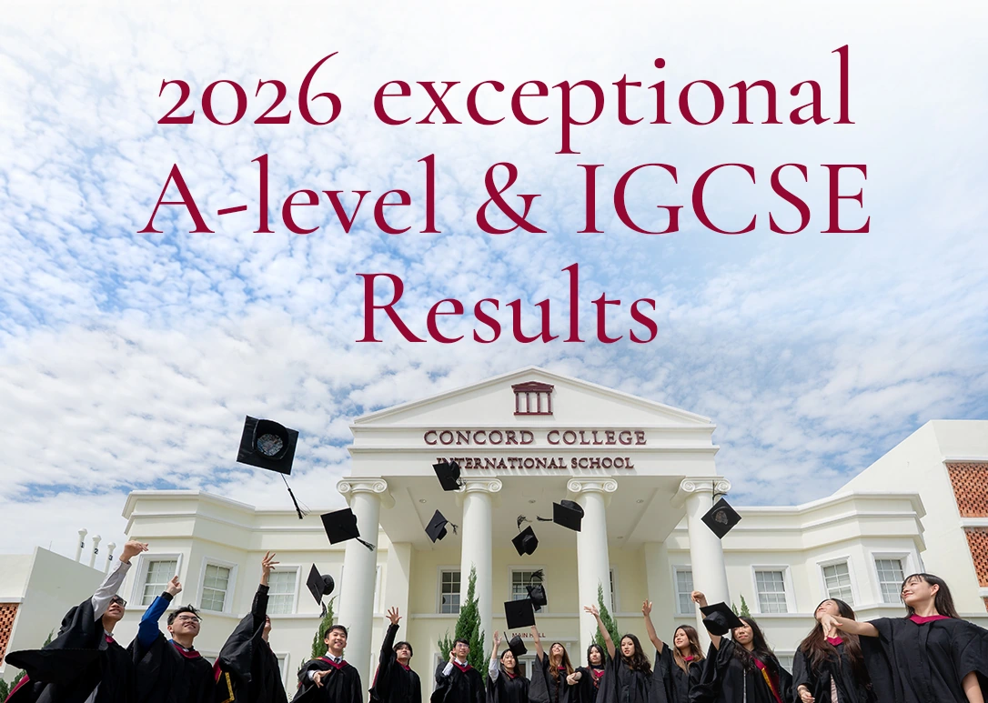 Concord College International School students throw their mortarboards in the air outside the main building, under the words 2026 exceptional A-Level & IGCSE Results.